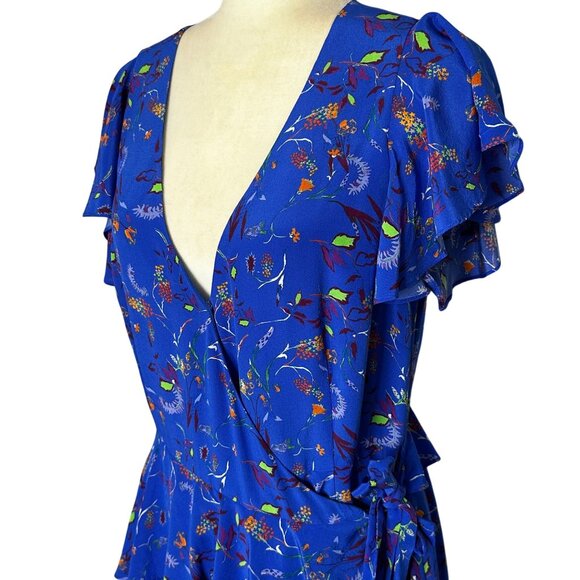 Tanya Taylor Blue Silk Wrap Dress Ruffle Hem Madelena Size 8 - Picture 2 of 8